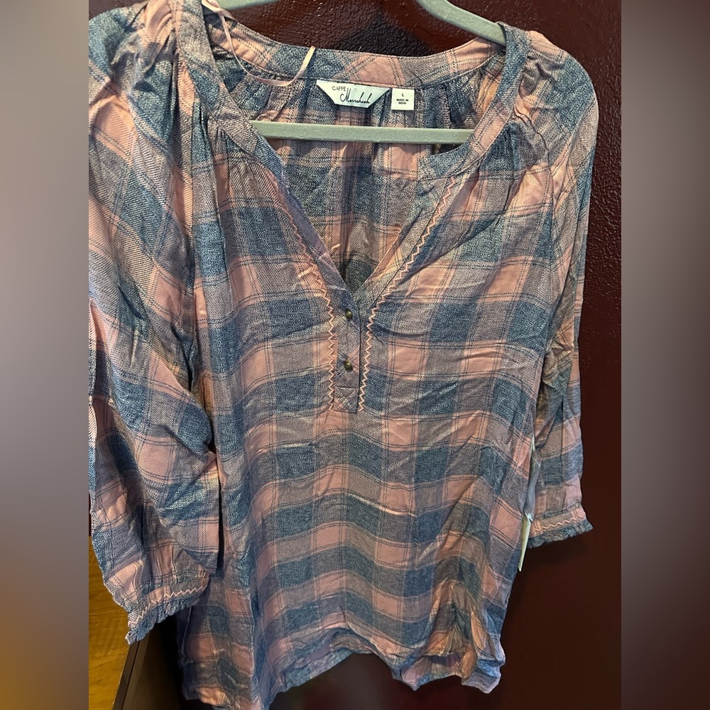 NWT pink plaid L blouse Caffé Marrahesh